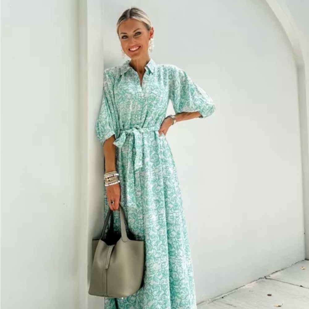 Anthropologie Maeve Green Patterned Linen Maxi Dress